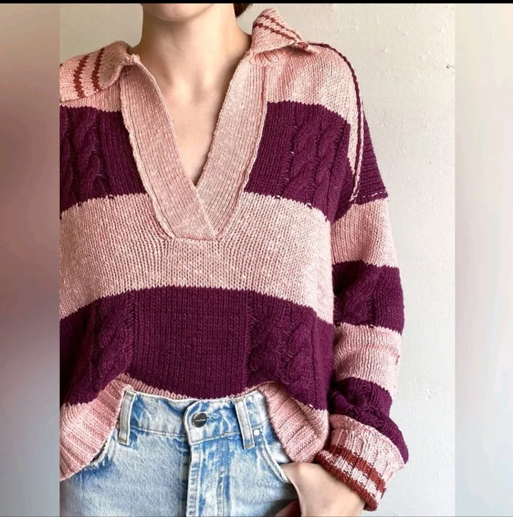 NWT Free People Pembrook Striped Cable-Knit Moody Pink‎ Oversized V-neck Sweater